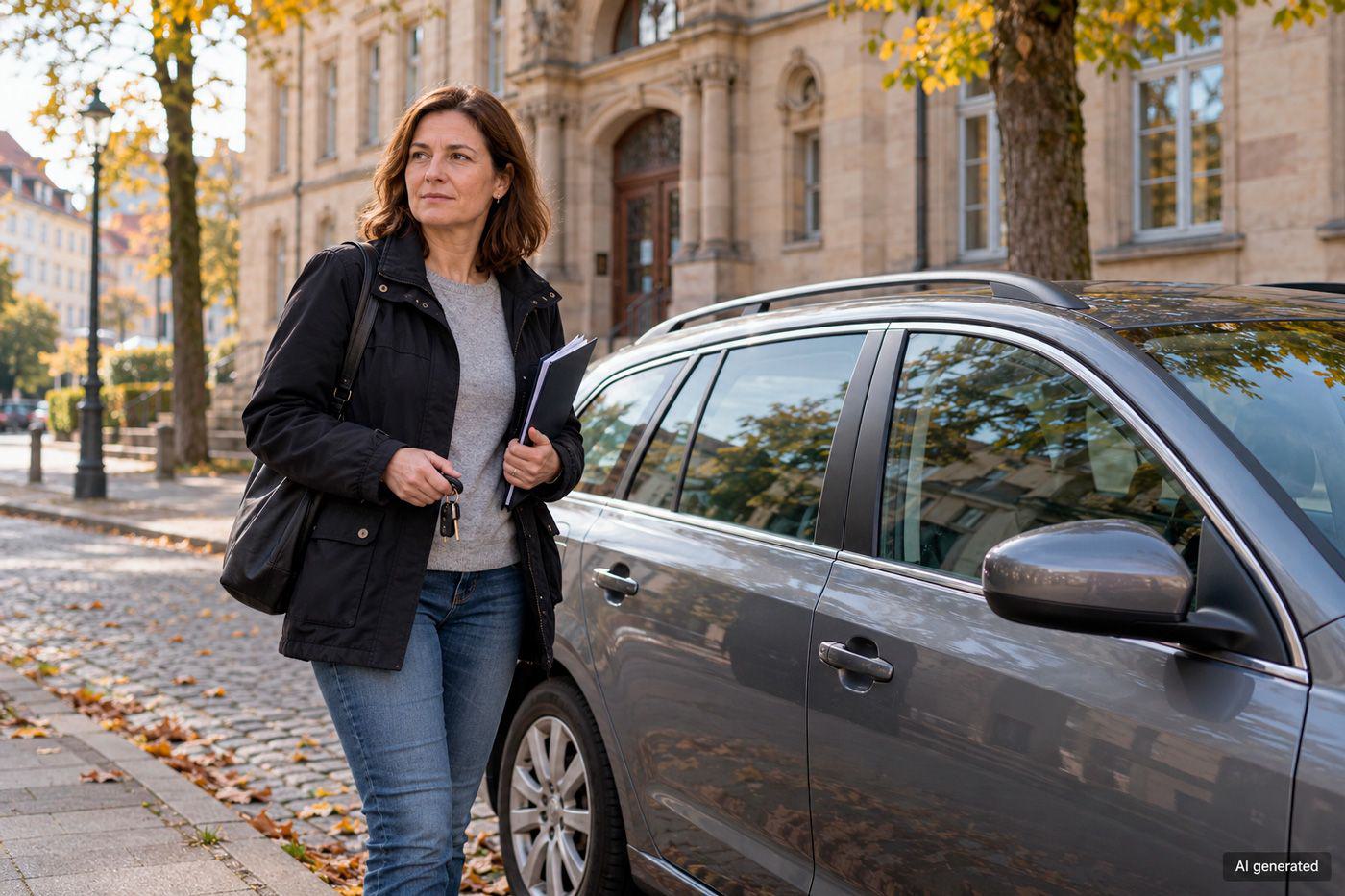 web-Gerichtsvollzieherin-neben-ihrem-privaten-Kombi